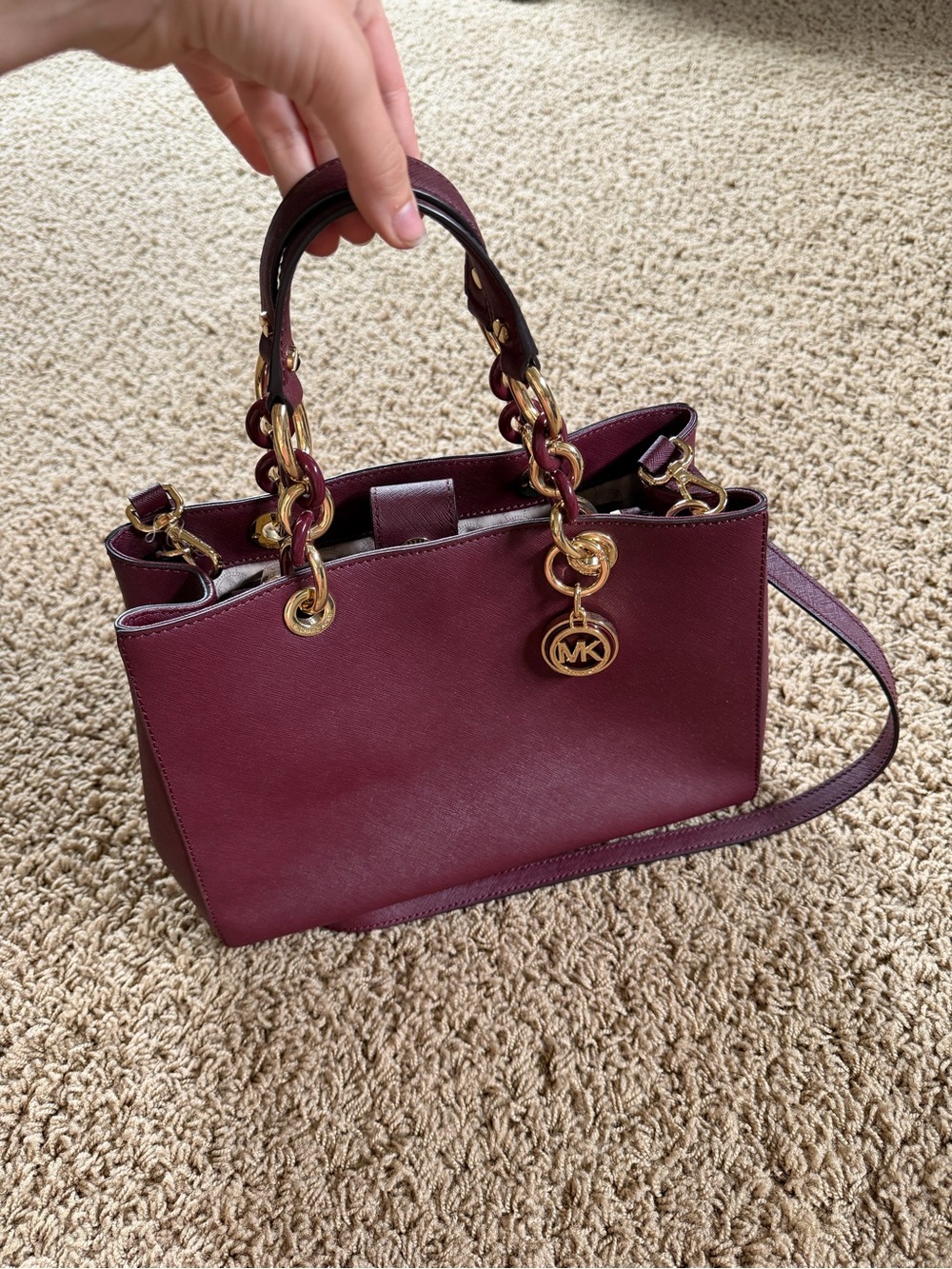 Michael Kors Wine Leather Satchel with Gold Chain Accents